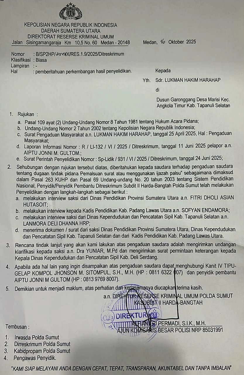 Aneh! Laporan Sejak April 2025 Belum Tuntas, Lukman Pertanyakan Penyelidikan Dugaan Ijazah Palsu DPRD Tapsel