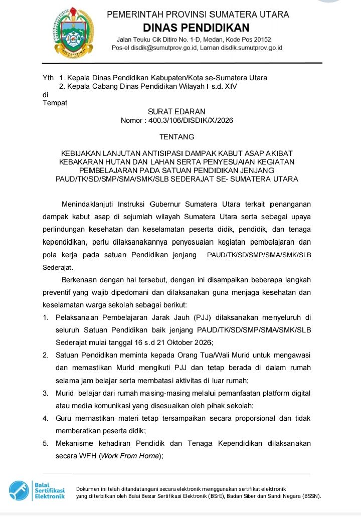 Kabut Asap Makin Mengkhawatirkan, Disdik Sumut Berlakukan PJJ 16&ndash;21 Oktober 2026