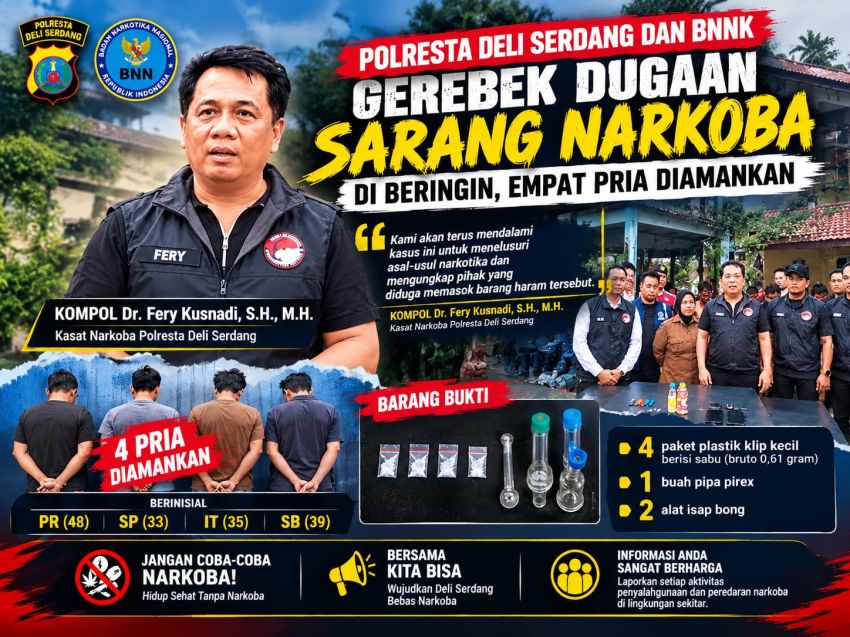 Polresta Deli Serdang dan BNNK Gerebek Dugaan Sarang Narkoba di Beringin, Empat Pria Diamankan
