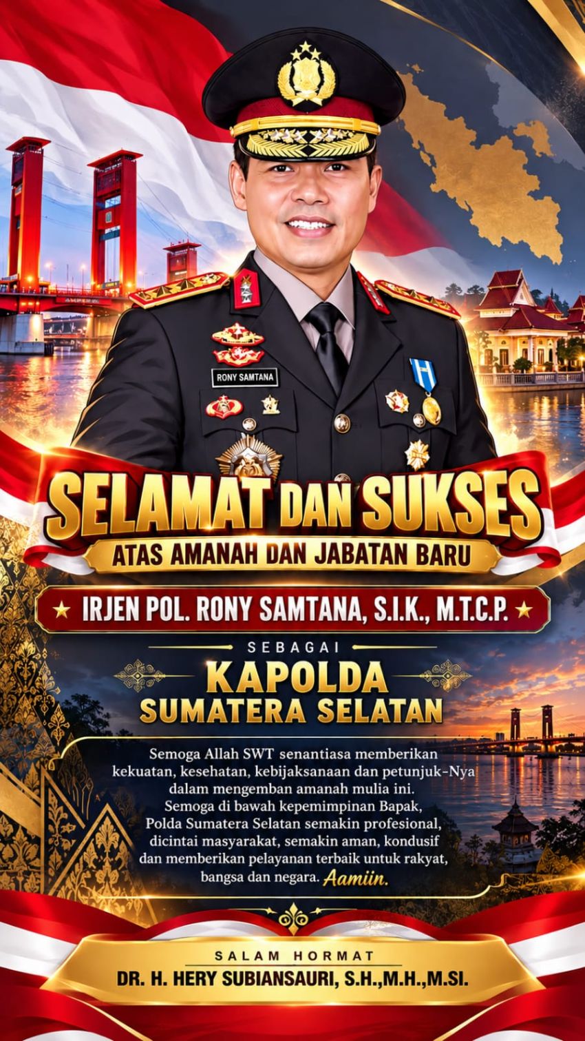 Hery Subiansauri Ucaapkan Selamat Sukses Kepada Brigjen Pol Rony Samtana Dipercaya Pimpin Polda Sumatera Selatan
